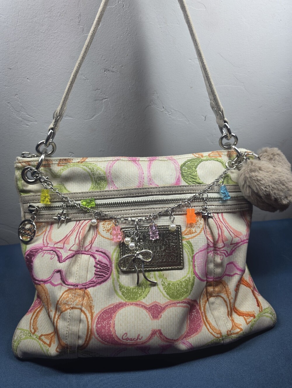 Coach Poppy Multicolor Canvas Hobo Shoulder Bag with Charm Accent